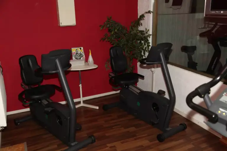 Fitnessstudio neben der Ferienwohnung Plauen: Cardio-Bereich mit Ergometern vor roter Wand