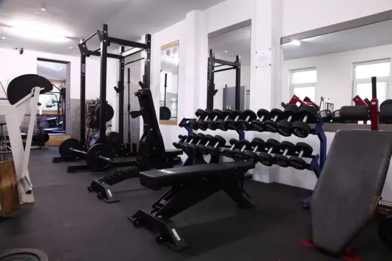Fitnessstudio neben der Ferienwohnung Plauen: Freihantelbereich mit Kurzhantel-Ablage, Bänken und Power Rack